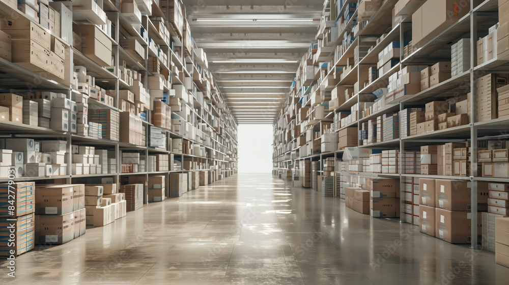 Big warehouse filled with goods. Background image. Created with Generative AI technology. Big warehouse filled with goods. Background image. Created with Generative AI technology.