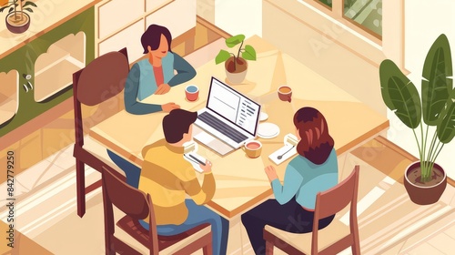Illustrate a laptop on a dining table with a family having a virtual gathering, emphasizing the role of technology in staying connected.