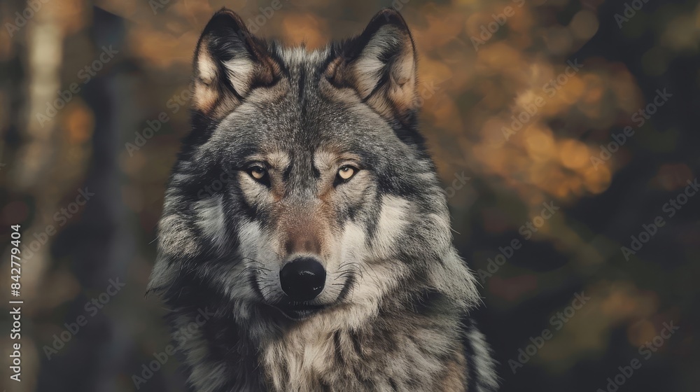 Obraz premium adult wolf portrait on forest background realistic wildlife animal photography
