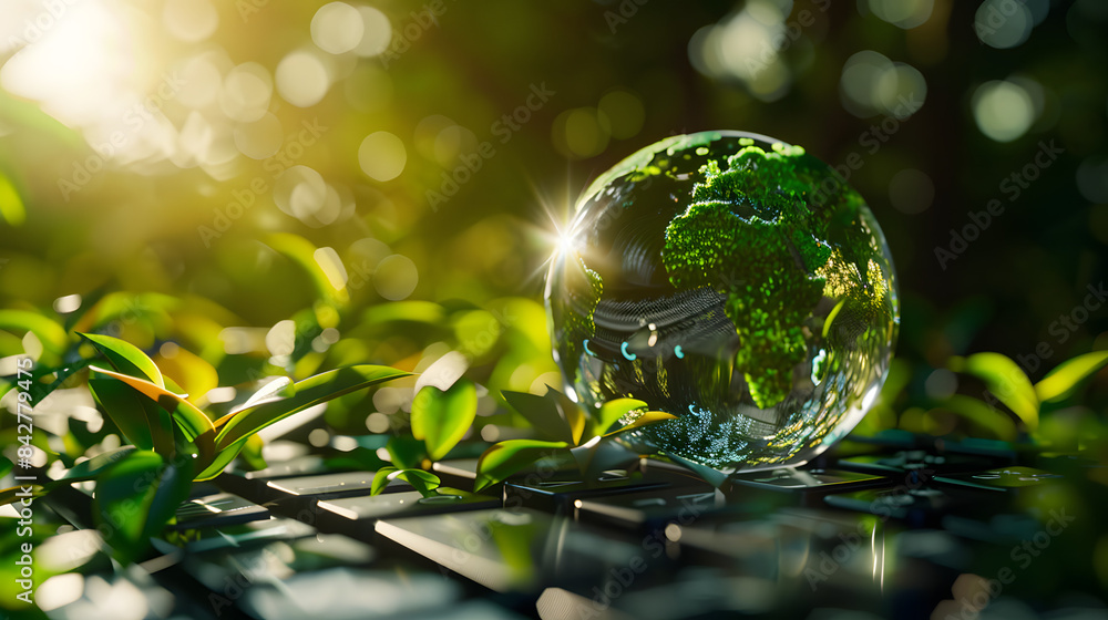 Stunning image of a crystal globe on a keyboard with leaves, symbolizing sustainability in the digital era Stunning image of a crystal globe on a keyboard with leaves, symbolizing sustainability in the digital era