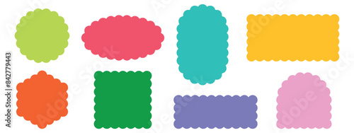 Set of rectangular, round, oval and square color scalloped frames. Zig zag Wavy Edge. Abstract elements for tag, stickers. Vector illustrations set isolated on white background.