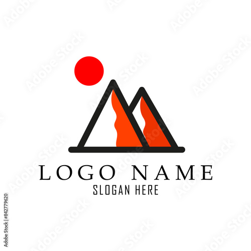 Mountains minimalist logo with sun and shadow