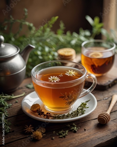 A detailed shot of a cup of herbal tea with loose tea leaves on a rustic table, photographed to emphasize the warmth and natural elements.
