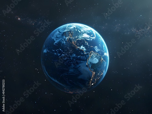 A breathtaking view of Earth from space, highlighting continents and illuminated city lights against the vast cosmic backdrop.