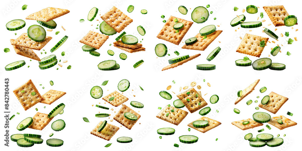 Set of Crackers With Floating Sliced Cucumbers isolated on transparent png background. Generative ai Set of Crackers With Floating Sliced Cucumbers isolated on transparent png background. Generative ai