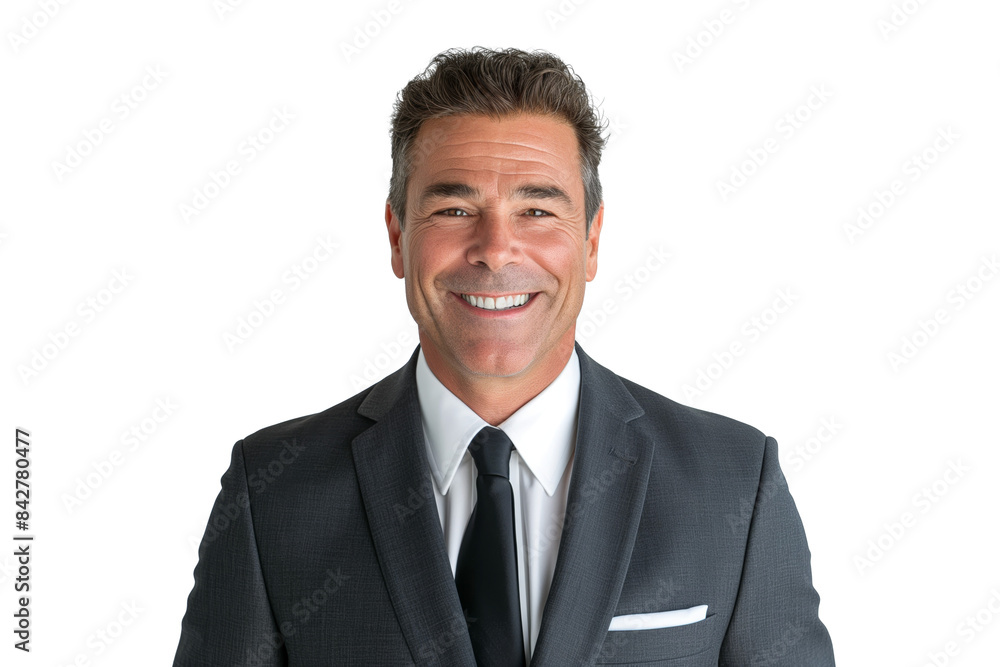 Smiling Senior Businessman in Dark Gray Suit on White Background Smiling Senior Businessman in Dark Gray Suit on White Background