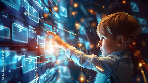 A boy in a blue shirt touches a glowing screen filled with digital icons, showing curiosity and engagement.