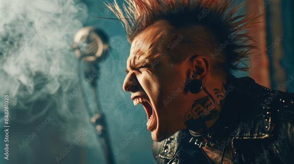 angry punk rocker with mohawk hairstyle screaming in rage grungy urban fashion angry punk rocker with mohawk hairstyle screaming in rage grungy urban fashion