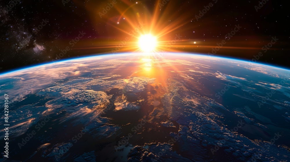 3D rendering of sunrise over Earth in panoramic view, close up, cosmic theme, dynamic, composite, deep space backdrop 3D rendering of sunrise over Earth in panoramic view, close up, cosmic theme, dynamic, composite, deep space backdrop
