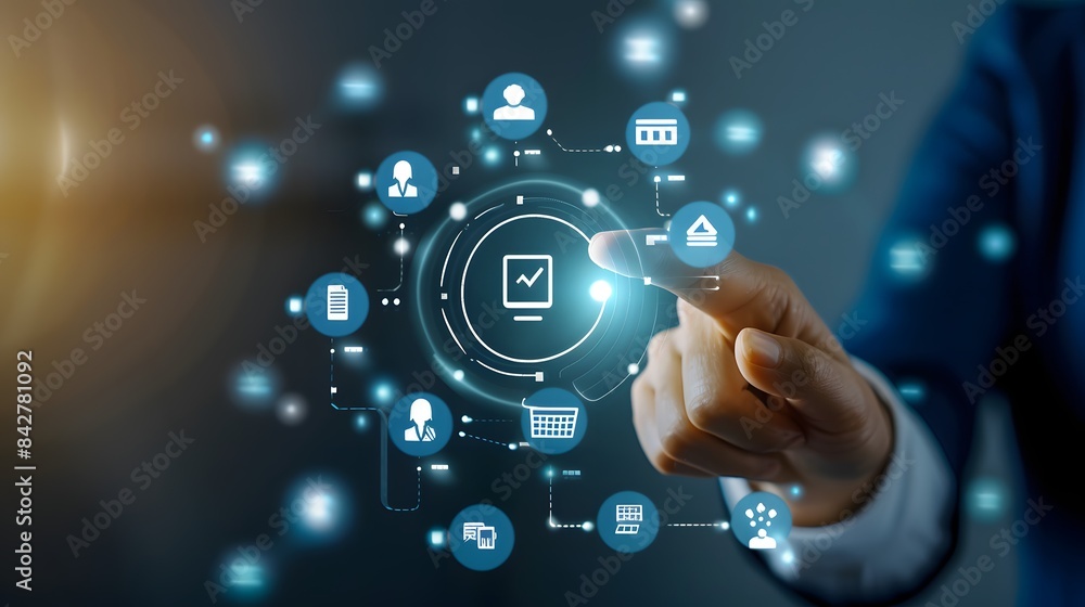 A business person interacting with a digital interface, highlighting technology and innovation in the workspace.