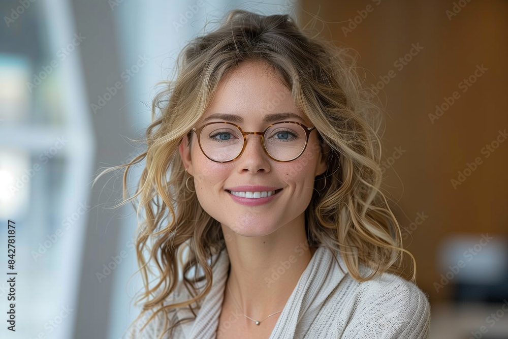 A close-up portrait of a smiling woman wearing glasses indoors A close-up portrait of a smiling woman wearing glasses indoors