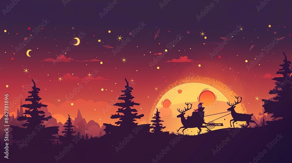 Silhouette of Santa Claus in sleigh with reindeer flying through a starry night sky. Silhouette of Santa Claus in sleigh with reindeer flying through a starry night sky.