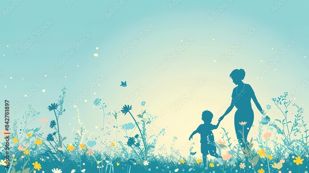 Silhouette of mother and child walking in a field of wildflowers. Silhouette of mother and child walking in a field of wildflowers.