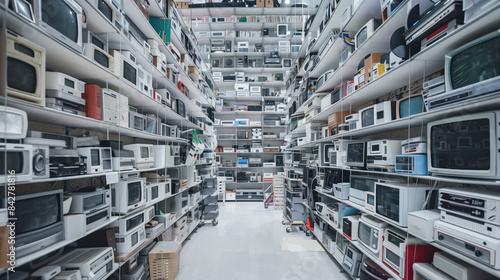 Big warehouse filled with old computers and other electronics. Background image. Created with Generative AI technology.