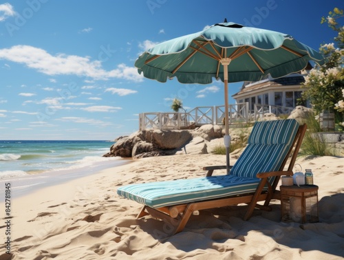 A wooden chaise lounge with...