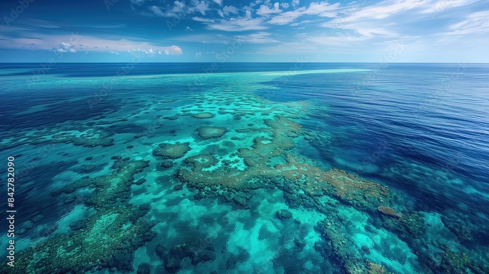 The Great Barrier Reef in Australia presents a beautiful scene of deep blue and turquoise interweaving. The Great Barrier Reef in Australia presents a beautiful scene of deep blue and turquoise interweaving.