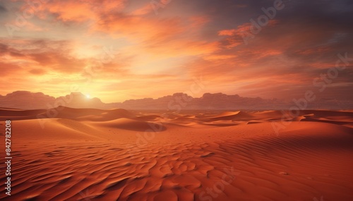 A breathtaking desert landscape bathed in the warm hues of a setting sun.