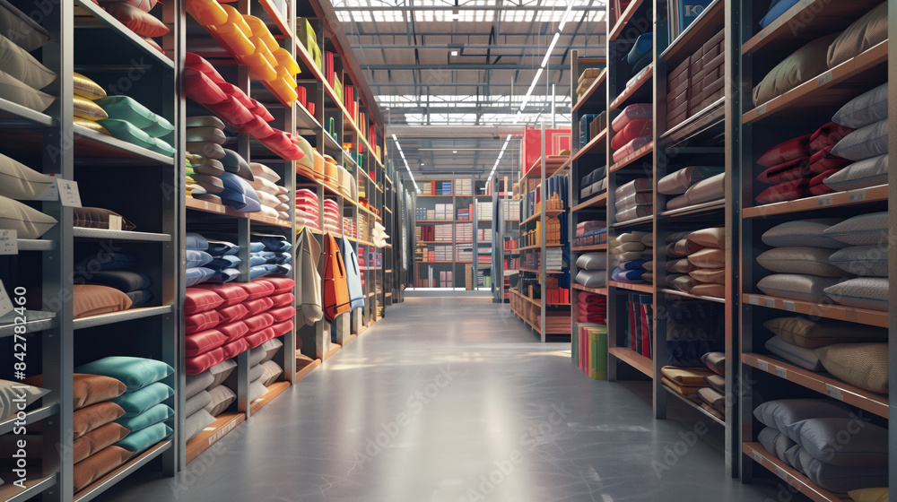 Fototapeta premium Big warehouse filled with goods. Background image. Created with Generative AI technology.