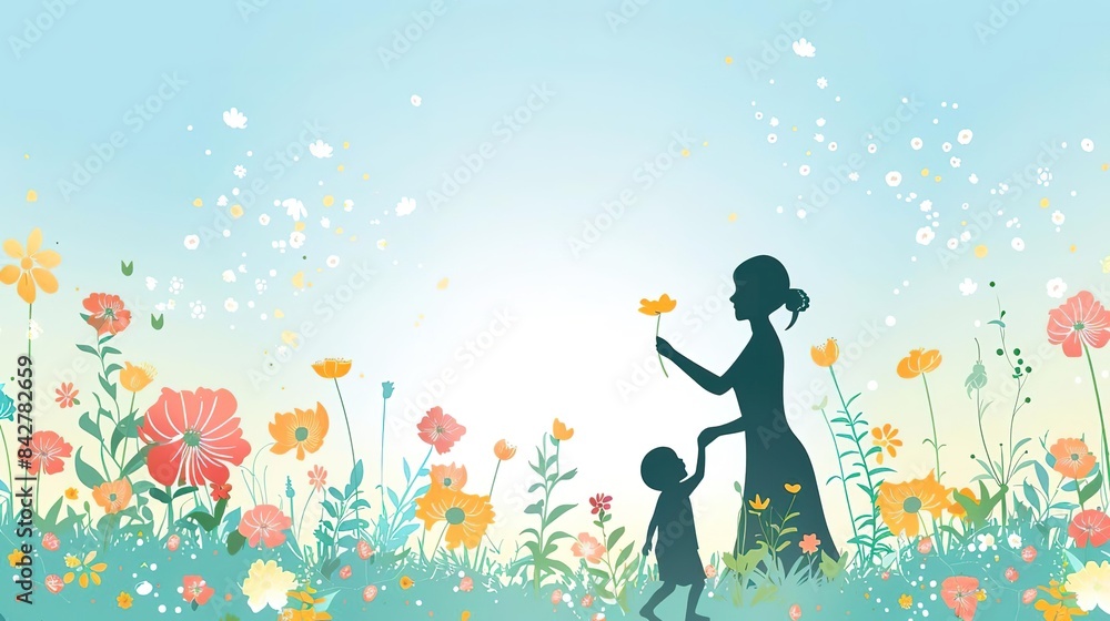 Silhouette of a mother and child walking in a field of flowers. Silhouette of a mother and child walking in a field of flowers.