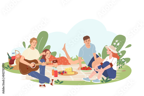 Group of happy friends at picnic in the park. Bundle of young smiling men and women eating spend time together on lawn outdoors. Friends relaxing on summer weekend. Flat cartoon vector illustration