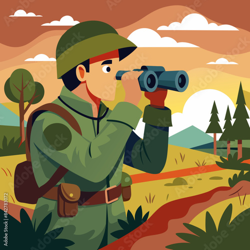 Soldier with binocular vector illustration 