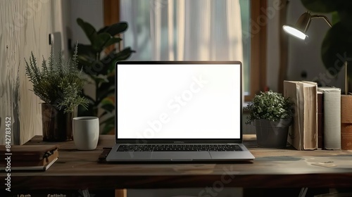 blank laptop screen on wooden desk with office supplies mockup for business and technology