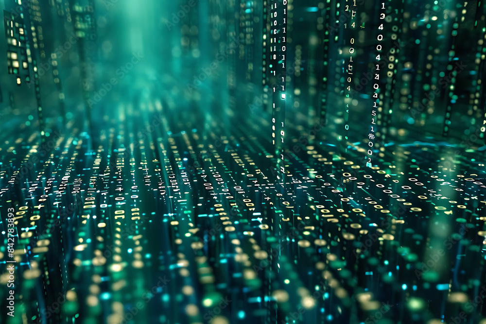 Background filled with cascading binary code, creating a digital and futuristic atmosphere, ideal for technology and programming themes Background filled with cascading binary code, creating a digital and futuristic atmosphere, ideal for technology and programming themes