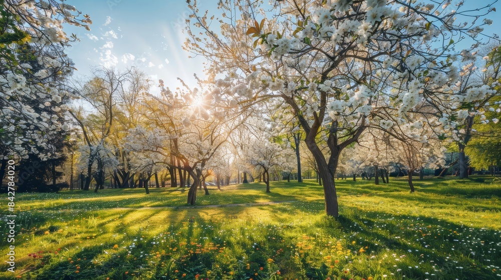 blooming trees in sunny city park on spring day landscape photography blooming trees in sunny city park on spring day landscape photography
