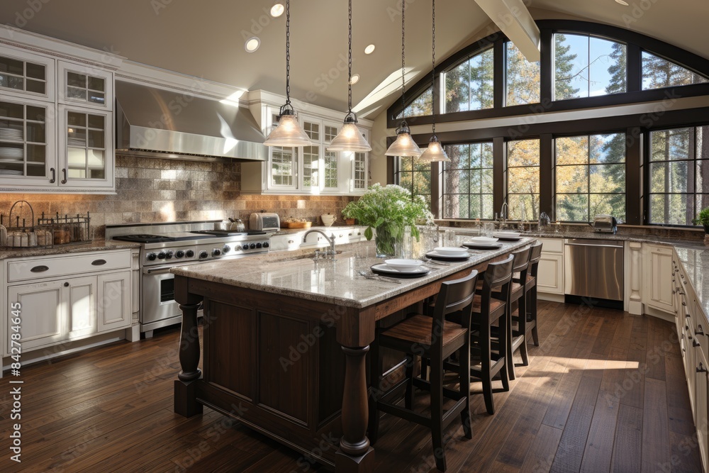 Classic kitchen with white cabinets and granite benches., generative IA Classic kitchen with white cabinets and granite benches., generative IA