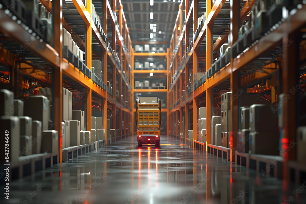 Automated warehouse with robots moving packages and organizing shelves, highlighting advanced logistics technology and efficiency Automated warehouse with robots moving packages and organizing shelves, highlighting advanced logistics technology and efficiency