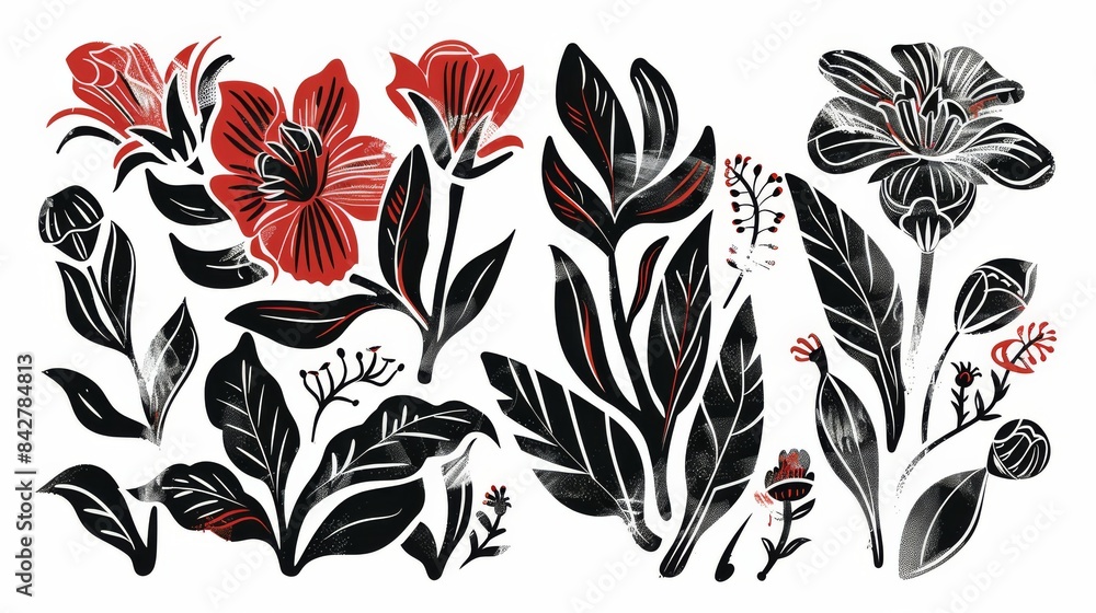 abstract flowers and leaves set . botanical linocut plant and organic elements. Ai generative abstract flowers and leaves set . botanical linocut plant and organic elements. Ai generative