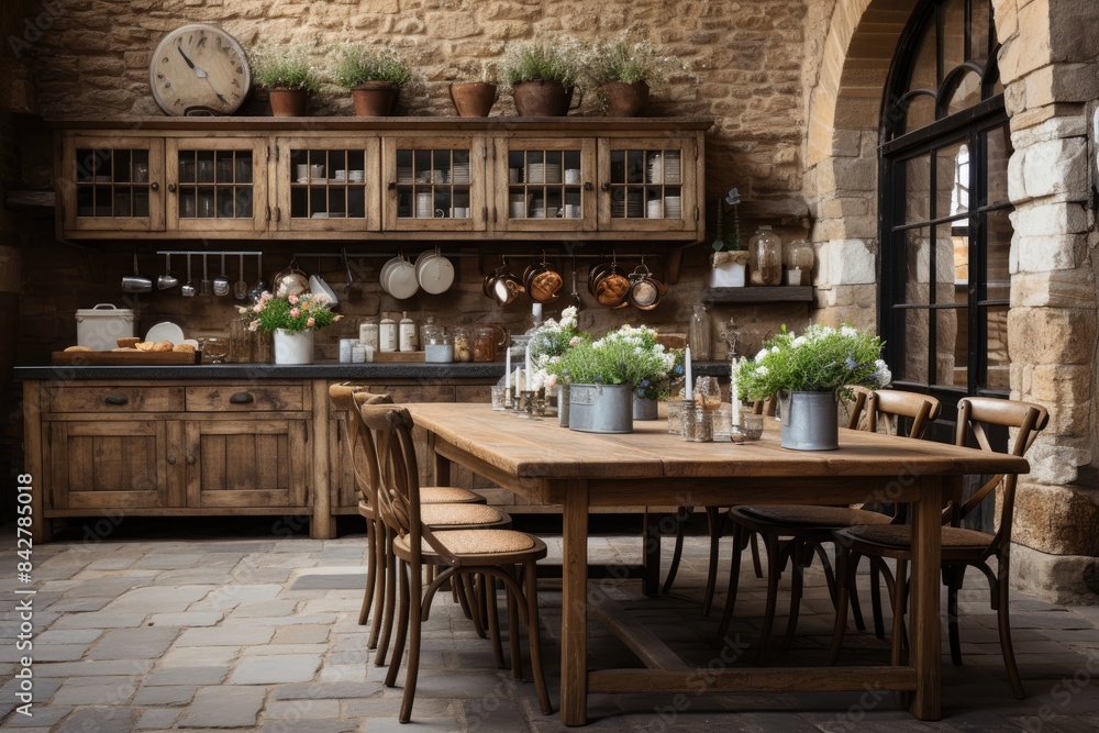 Rustic kitchen with wooden furniture and iron., generative IA Rustic kitchen with wooden furniture and iron., generative IA