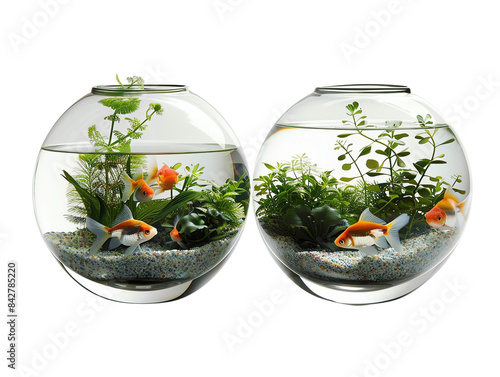 Double Bowl A fish bowl with two compartments, each housing different types of fish and plantson white background photo