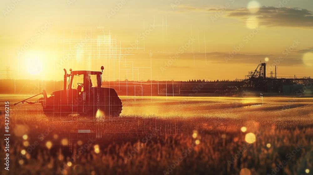 Fototapeta premium Farmer Overseeing Tractor Spraying Field at Sunset, Smart Agriculture Concept