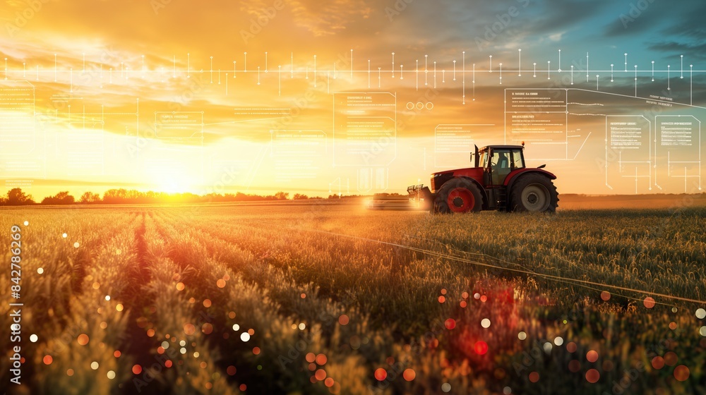 Fototapeta premium Advanced tractor in a field with a digital overlay showing crop management data, highlighting precision agriculture technologies
