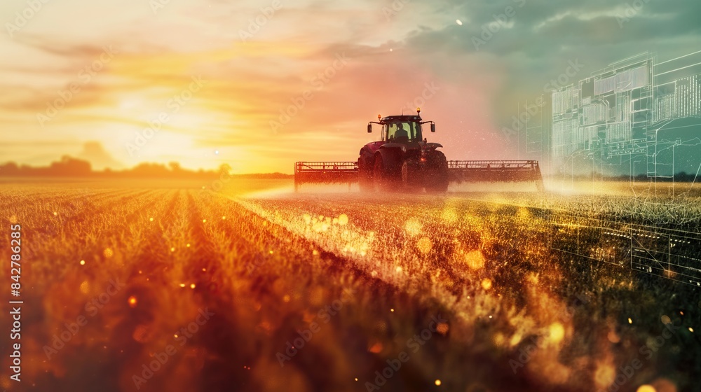 Fototapeta premium Tractor Spraying Crops at Dusk, Integrating Advanced Agricultural Systems