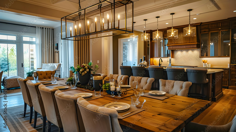 An elegant dining room with a long wooden table, upholstered chairs, and a statement light fixture hanging above, inviting guests to gather for a meal An elegant dining room with a long wooden table, upholstered chairs, and a statement light fixture hanging above, inviting guests to gather for a meal