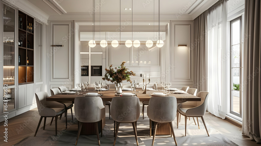 Fototapeta premium An elegant dining room with a long wooden table, upholstered chairs, and a statement light fixture hanging above, inviting guests to gather for a meal