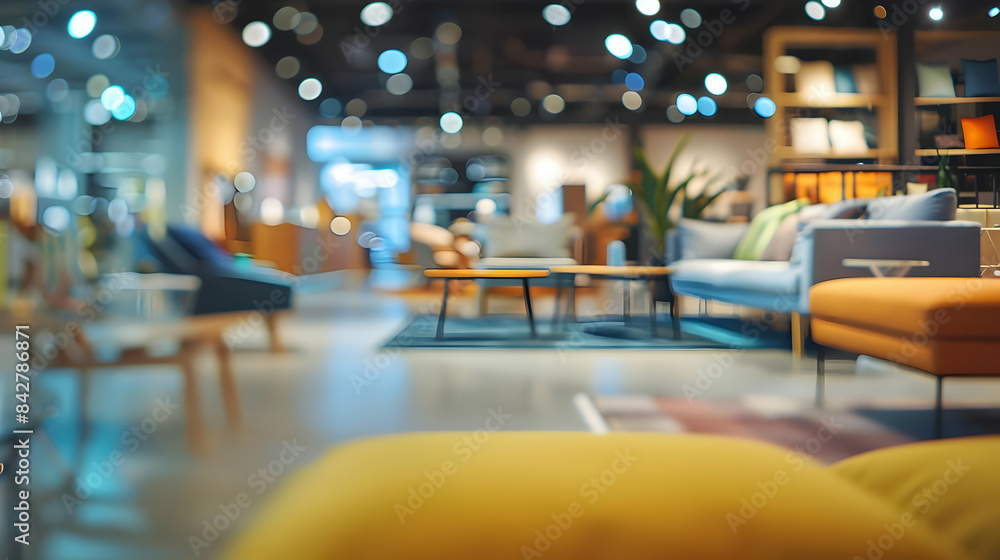 Blurred image of a designer furniture showroom floor, Blurred image of a designer furniture showroom floor,