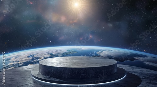 Round podium floating in space with Earth, glowing sun behind it, set against a blue background with dark sky. Realistic and cinematic, science fiction style. photo