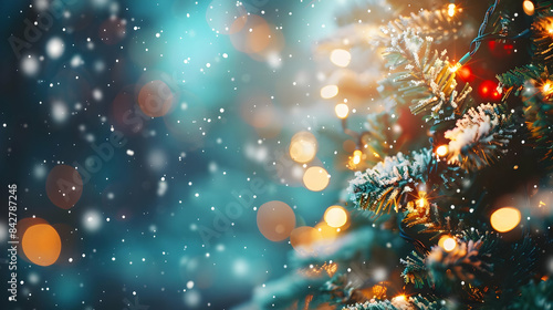 Christmas winter blurred background Xmas tree with snow decorated with garland lights