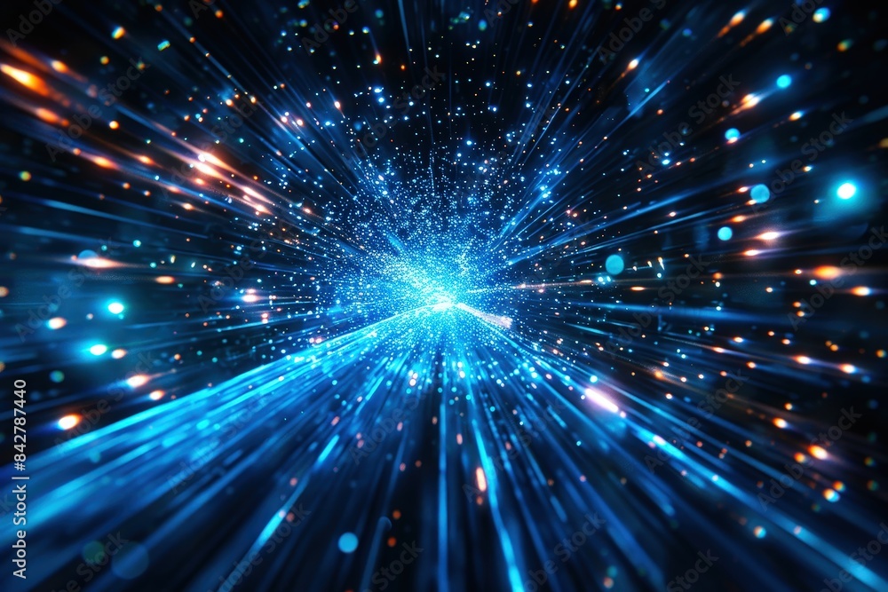 Fototapeta premium A blue light speed tunnel with stars and lights, a speed of light background, a starry sky background, a data technology concept