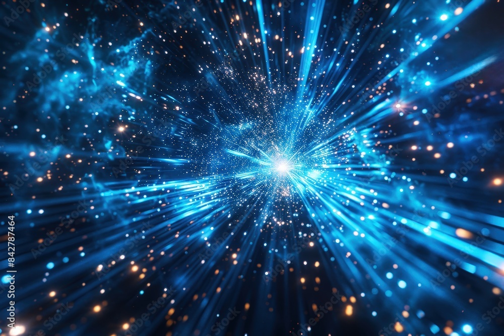 Blue glowing starry explosion with rays of light on dark background, futuristic space concept Blue glowing starry explosion with rays of light on dark background, futuristic space concept