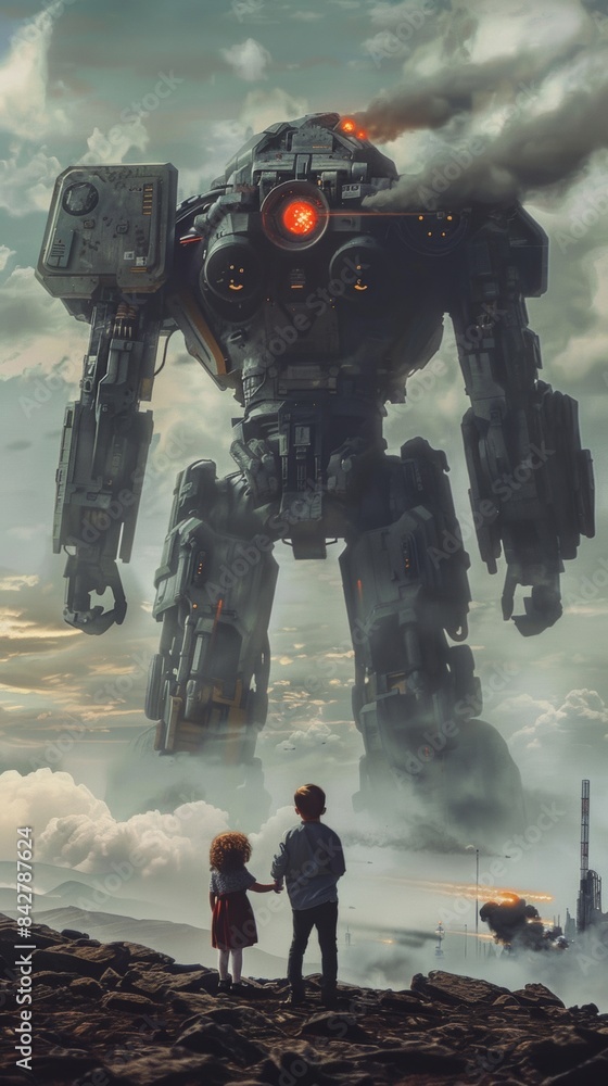 A couple of people standing in front of a giant robot