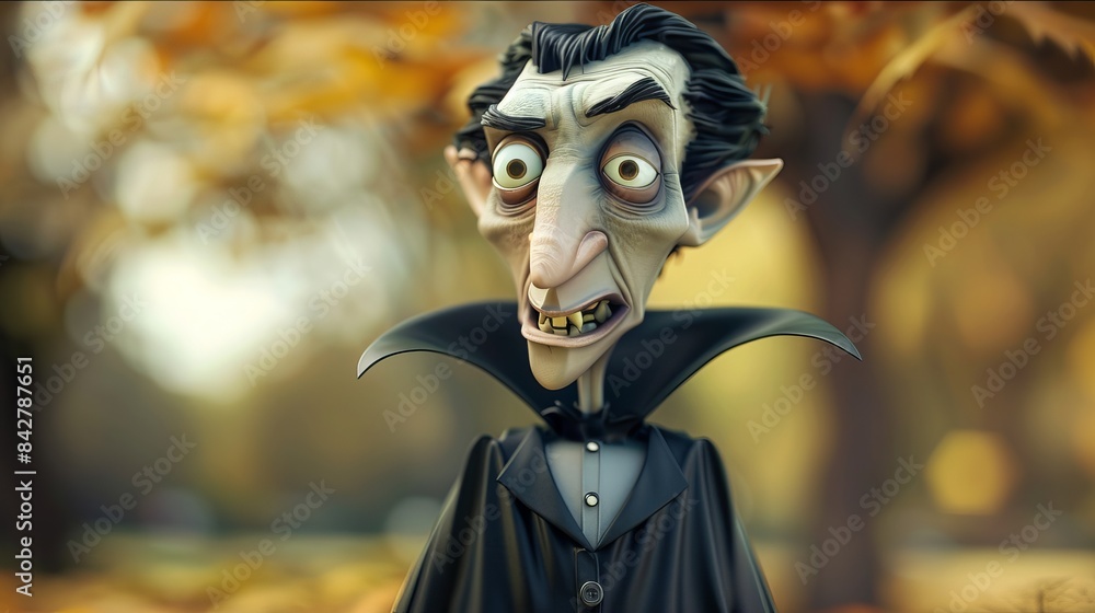 Cartoon vampire with exaggerated features standing in an autumn forest. Creepy vampire character. Concept of Halloween, spooky character, eerie autumn scene Cartoon vampire with exaggerated features standing in an autumn forest. Creepy vampire character. Concept of Halloween, spooky character, eerie autumn scene