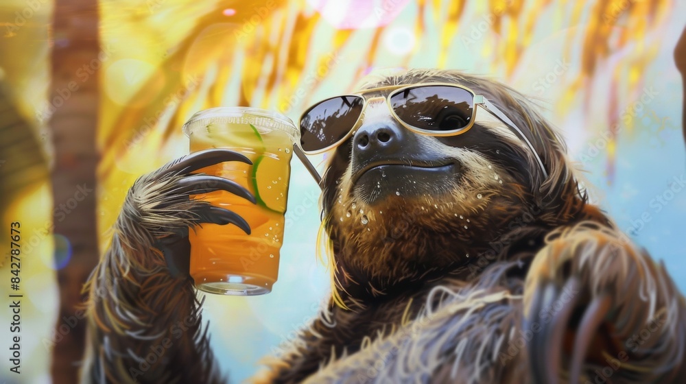 Obraz premium A sloth is holding a glass of orange juice