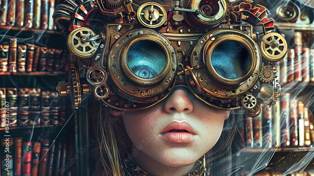 Steampunk girl with mechanical goggles in a library. Young inventor ...