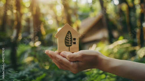 hand holding eco house icon in nature photo