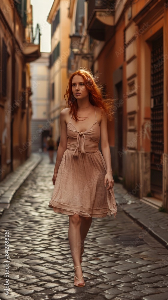 Naklejka premium A woman walking down a cobblestone street