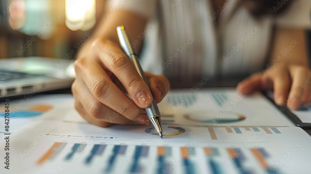 closeup of businesswomans hand pointing at financial graph with pen analyzing report closeup of businesswomans hand pointing at financial graph with pen analyzing report